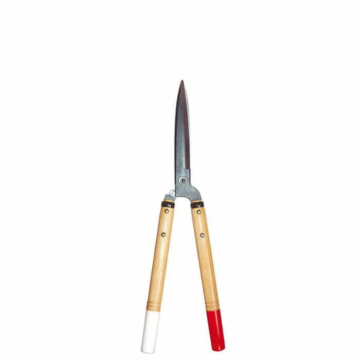 Taille-haie Okatsune 54 avec deux manches en bois, l’un peint en rouge et l’autre en blanc, et des lames longues et étroites