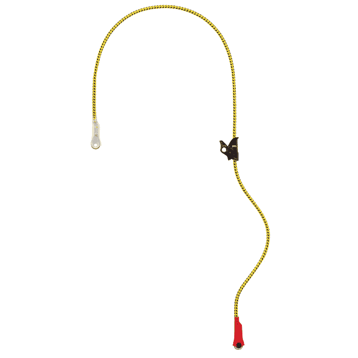 Corde Microflip à motif jaune-noir, pièce en plastique rouge et noir, fabricant Petzl