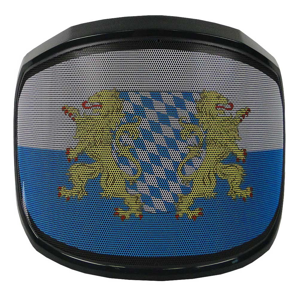 Visière PROTOS Special Edition avec cadre noir et motif de deux lions dorés et motif de losanges bleus® et blancs derrière une calandre noire