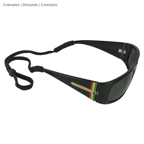 Lunettes de soleil noires avec sangle de lunettes, pas d’informations sur le fabricant, les lunettes ont des rayures colorées sur les branches