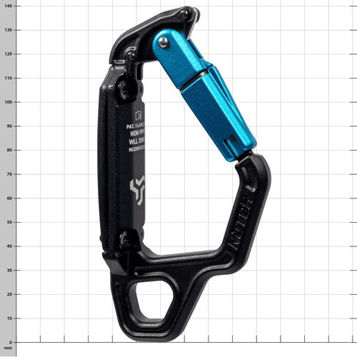 mousqueton échangiste avec fermoir bleu et corps noir, nom du produit visible