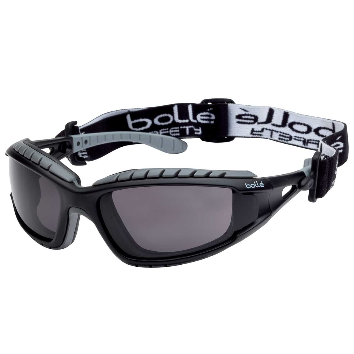 Tracker II de Bollé, lunettes noires avec lentille foncée et élastique réglable noir et blanc avec imprimé bollé