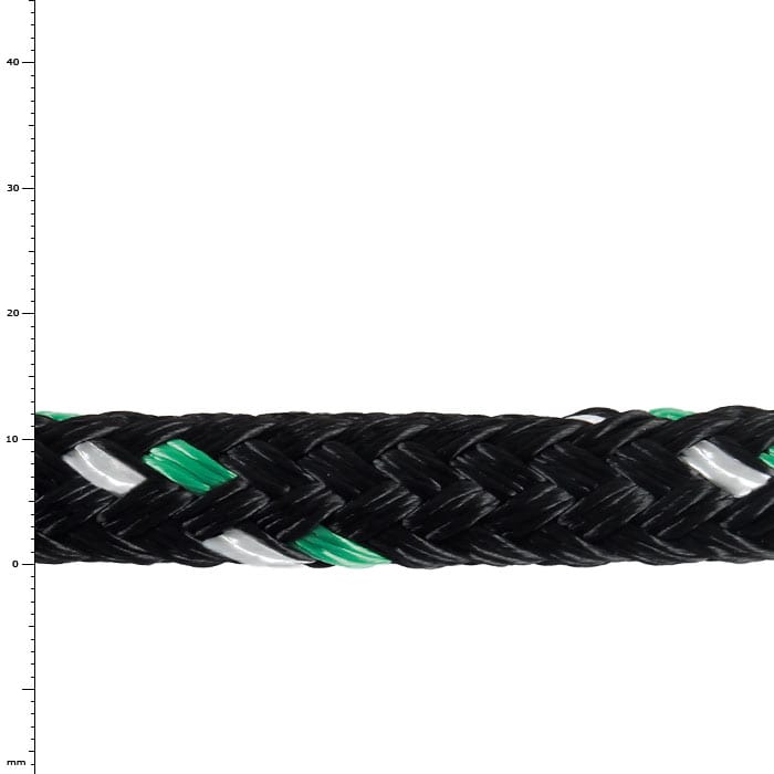 GEFA 2T PES vert, gros plan d’une corde tressée noire avec des fils verts et blancs