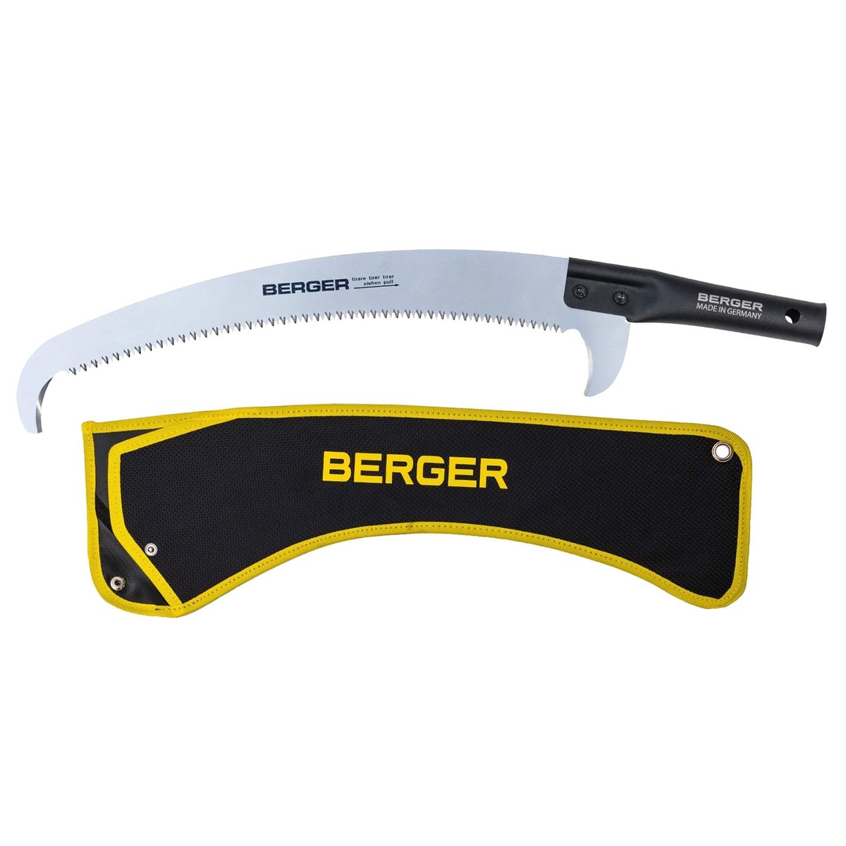 ArboRapid Kopf 400 de BERGER, une scie courbe avec une poignée noire et une lame argentée, ainsi qu’un couvercle de protection noir et jaune avec inscription BERGER