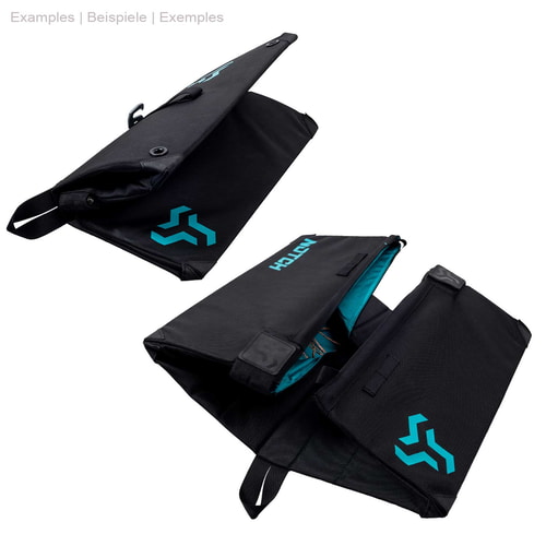 Throwline Pop Box de Notch, boîte noire partiellement pliée avec lettrage bleu clair, montre l’intérieur et l’extérieur