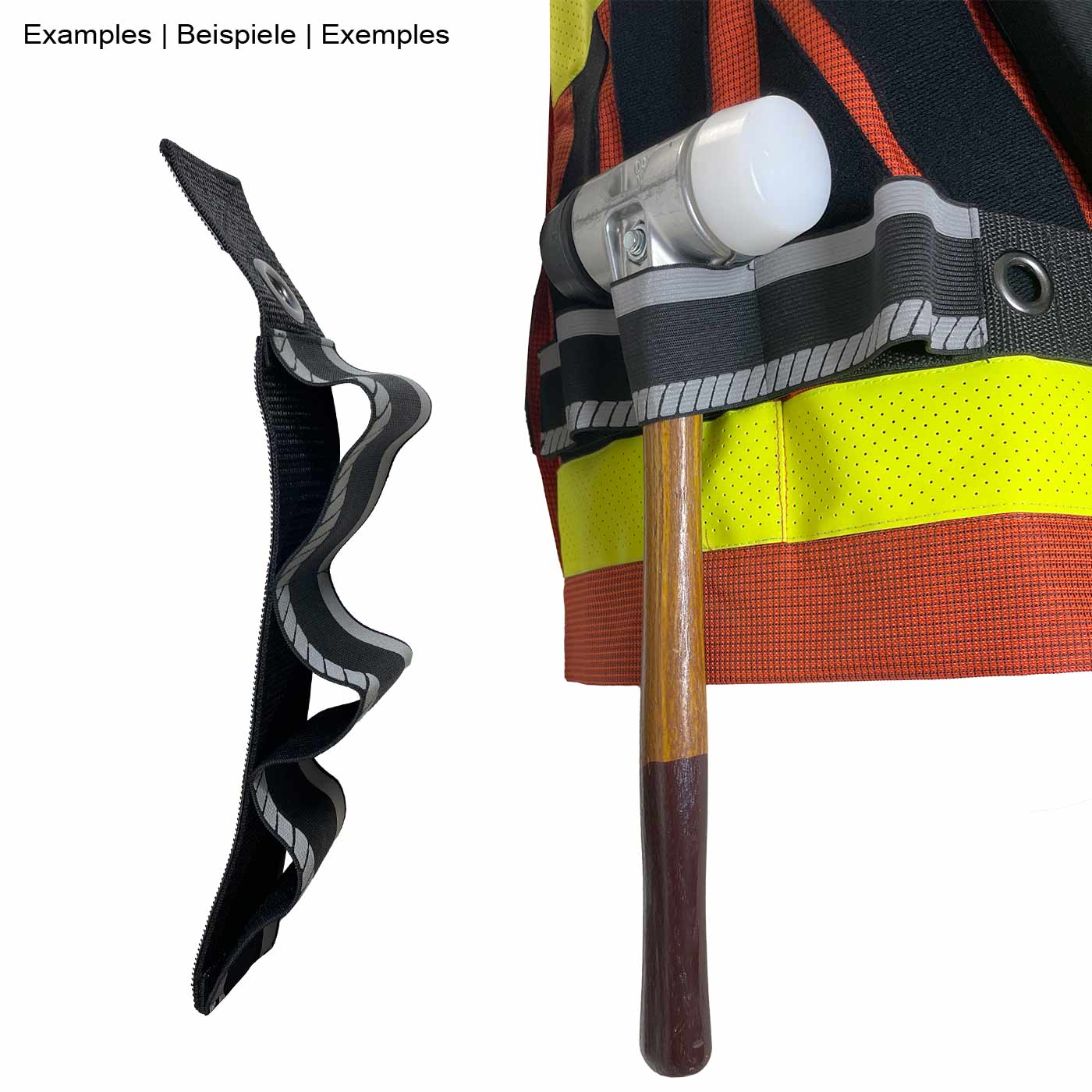 Ensemble de base de gilet My Gear avec sangle élastique noire avec motif réfléchissant, attaché à un gilet de sécurité avec un marteau