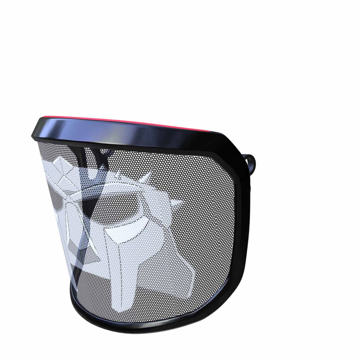 PROTOS® Visor Special Edition, visière de protection noire avec blanc, motif de visage stylisé et bordure rouge en haut, vue latérale de la gauche