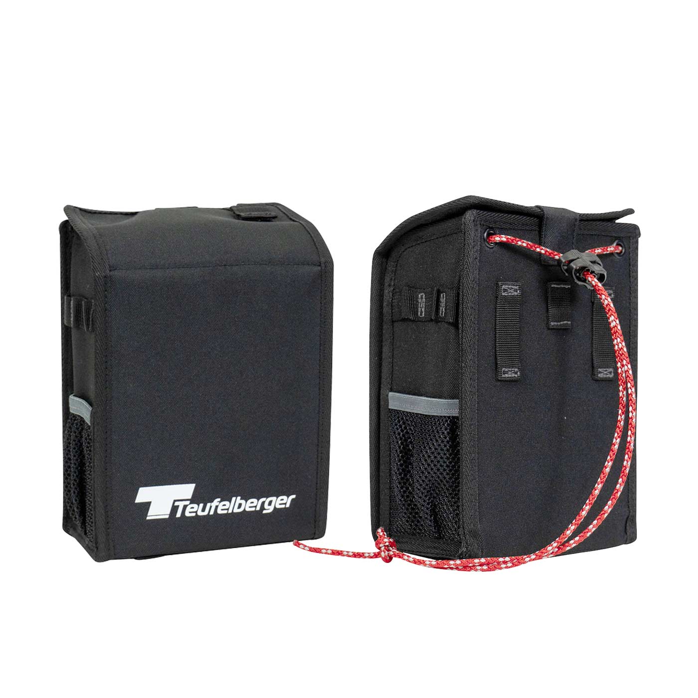 Mini Mule de Teufelberger, sac noir avec cordons rouges, fermé et montré de l’avant et de l’arrière, avec le logo Teufelberger