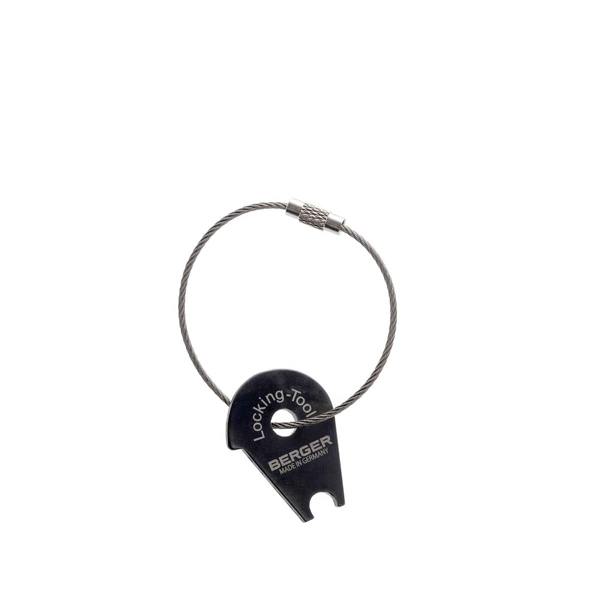 Clé de réglage pour tiges en PRV de BERGER en matériau noir avec anneau métallique et inscription Outil de verrouillage BERGER Made in Germany