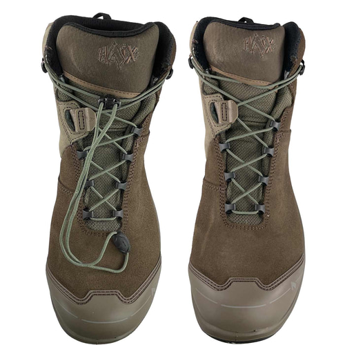 Chaussure de sécurité Connexis Safety+ GTX Mid marron avec système de laçage vert, vue de face d’en haut