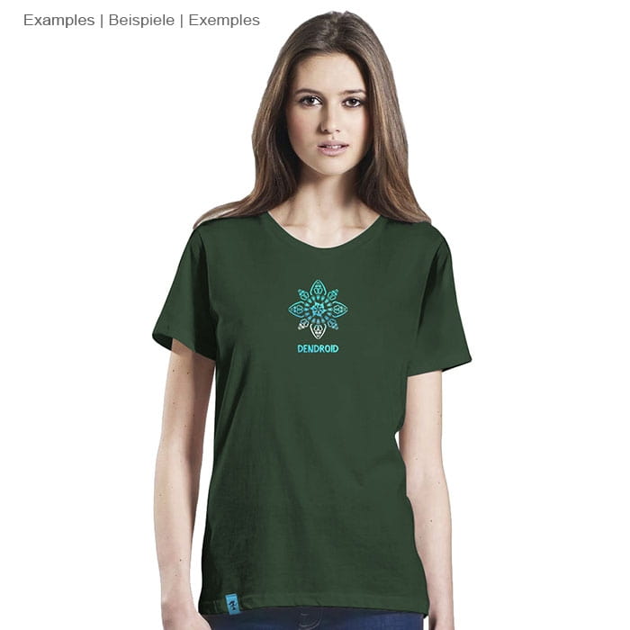 T-shirt Symmetree vert foncé avec motif symétrique bleu et inscription « DENDROID » sur le devant, porté par une femme