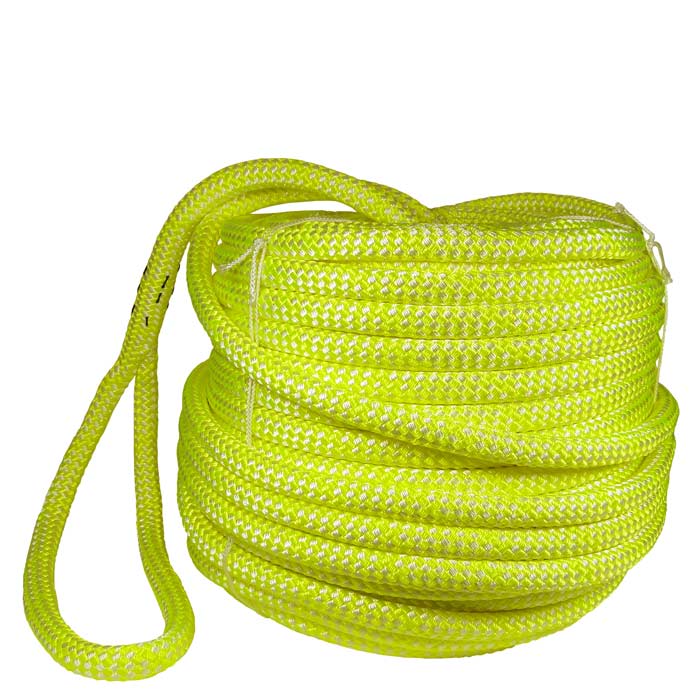 Corde de taureau Sirius 16 S, corde tressée jaune clair et blanc enroulée avec une boucle, recadrée sur fond blanc