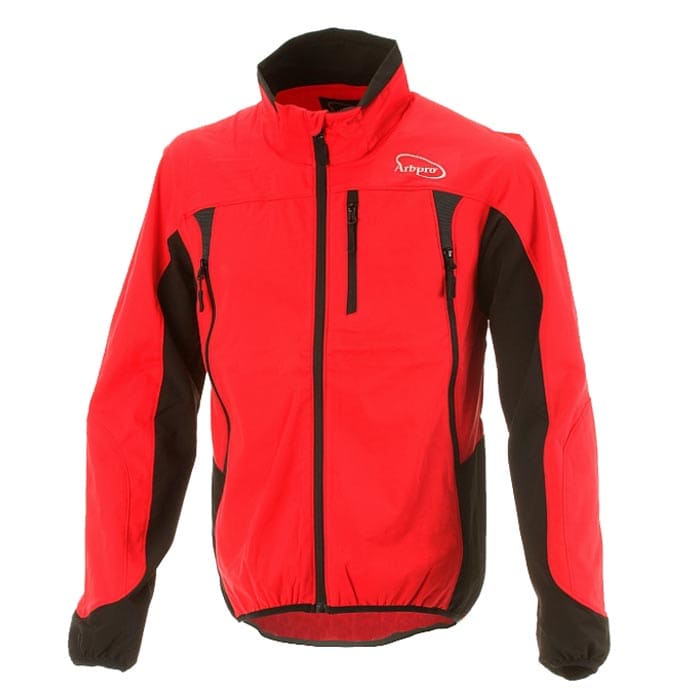 XLight Jacket d’Arbpro, veste rouge et noire avec fermeture éclair et trois poches visibles