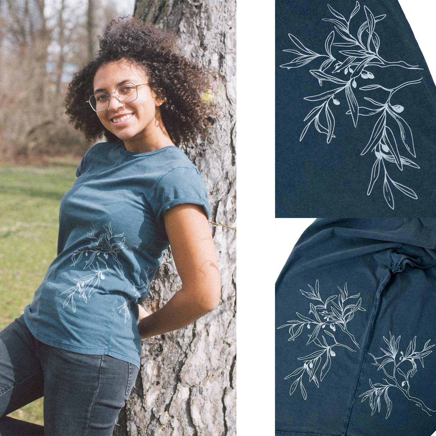 Une femme s’appuie contre un arbre et porte un T-shirt bleu foncé « Rameau d’olivier » avec un motif de branche d’olivier blanc, à côté de deux gros plans de l’imprimé.