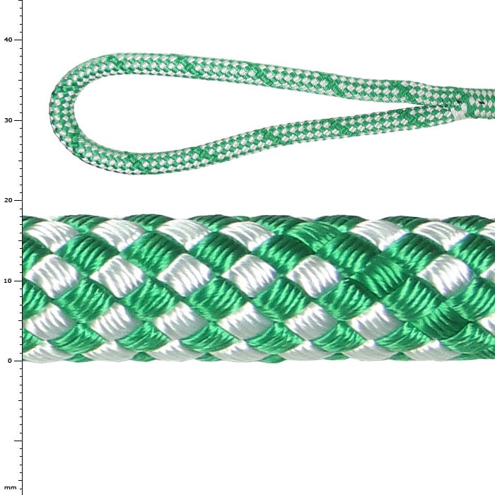 La corde Sirius Bull 18 S est composée d’une corde tressée verte et blanche avec une boucle à l’extrémité.