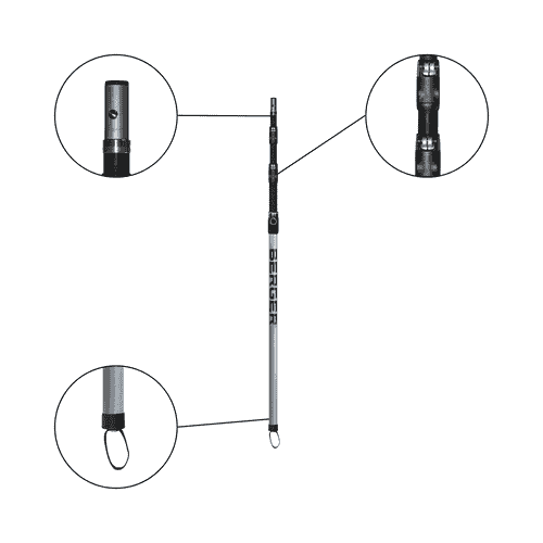ArboRapid Ultra Light Climber 270 avec trois vues de détail agrandies de la pointe métallique, des boucles et de la boucle au bas du bâton d’escalade argenté, nom du fabricant Berger visible