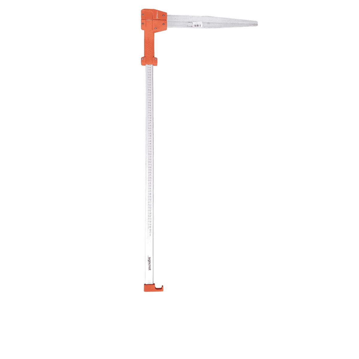 Signumat MK4, appareil de mesure avec échelle longue de couleur argentée et support en plastique orange en haut et en bas, nom du fabricant Signumat visible sur l’échelle, avec autocollant code-barres sur le support orange supérieur