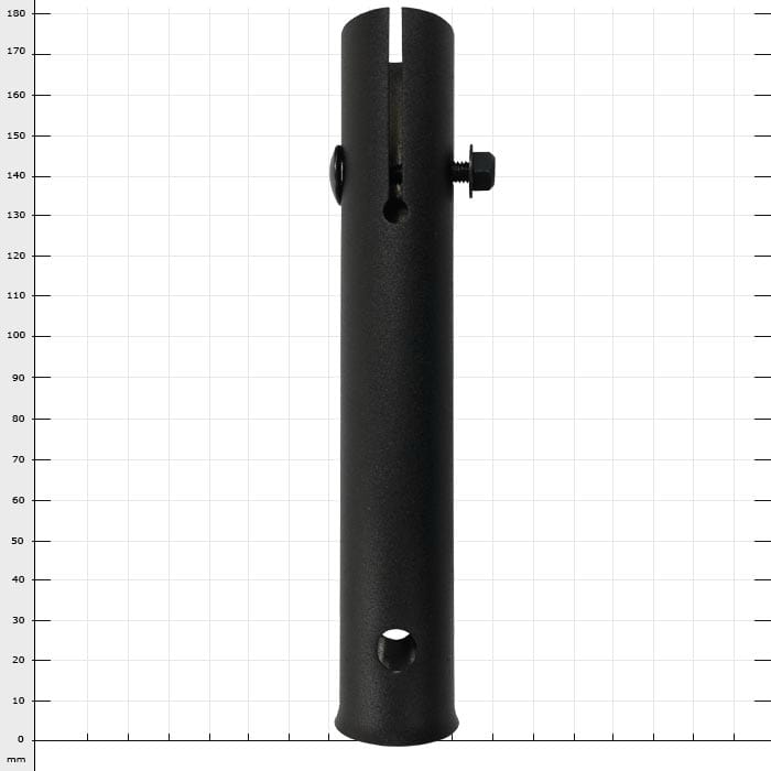 Tube supérieur ArboRapid de Berger, tube cylindrique noir avec vis et ouvertures, sur fond blanc avec dimensions de grille