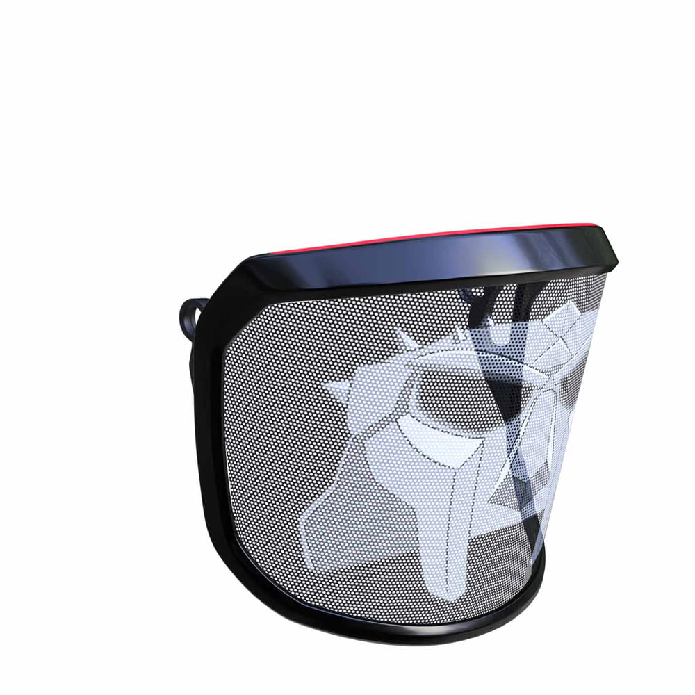 PROTOS® Visor Special Edition, visière de protection noire avec blanc, motif de visage stylisé et bordure rouge en haut, vue latérale de la droite