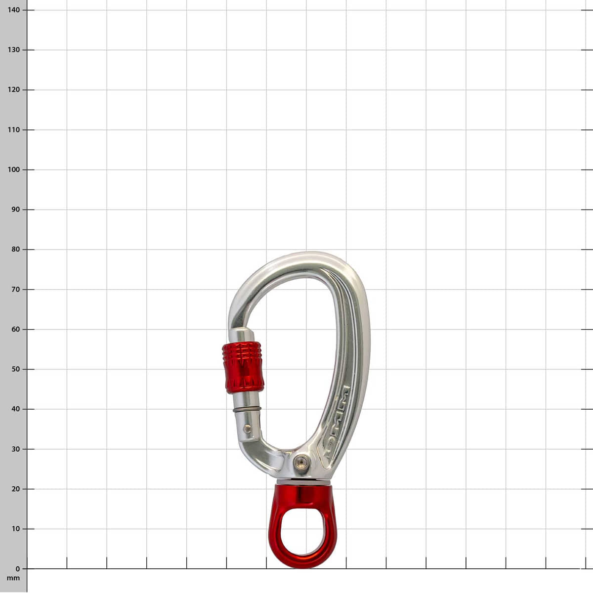 XSRE Swivel Lock mousqueton en argent avec verrou tournant rouge et émerillon rouge, sur un fond à carreaux