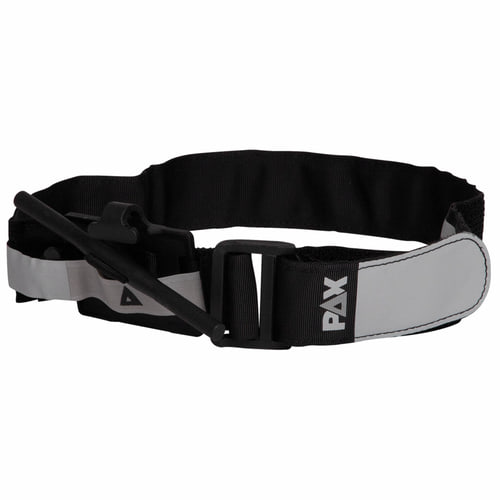 Garrot PAX avec longue bande noire et languette grise avec logo PAX, tige noire attachée à la sangle