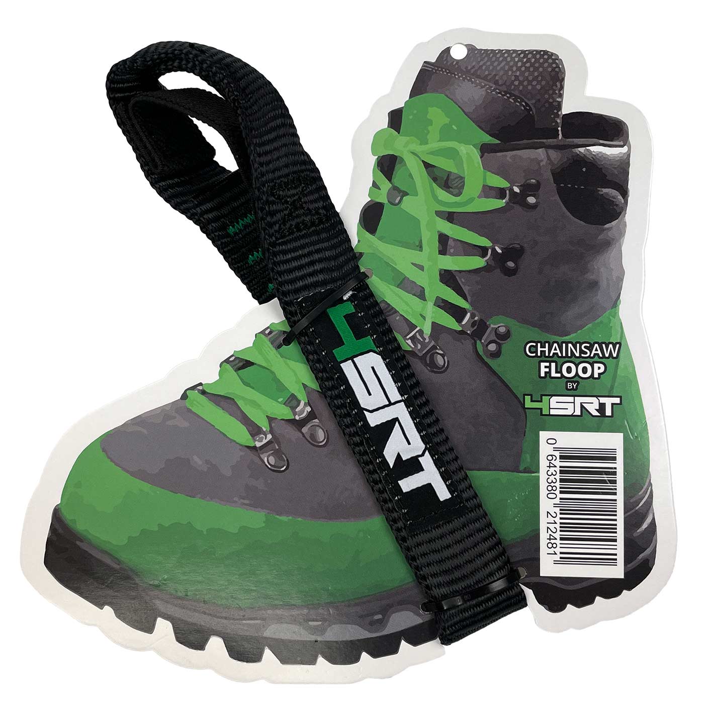 Sangle Floop 2 noire avec logo HSRT blanc et vert, attachée à une carte en carton en forme de chaussure de randonnée verte et grise avec des lacets verts et l’impression « Chainsaw Floop by HSRT » et le code-barres.