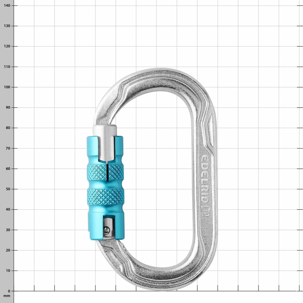 Mousqueton triple en acier Oval Power en acier avec capuchon à vis bleu et gravure du fabricant Edelrid sur le côté
