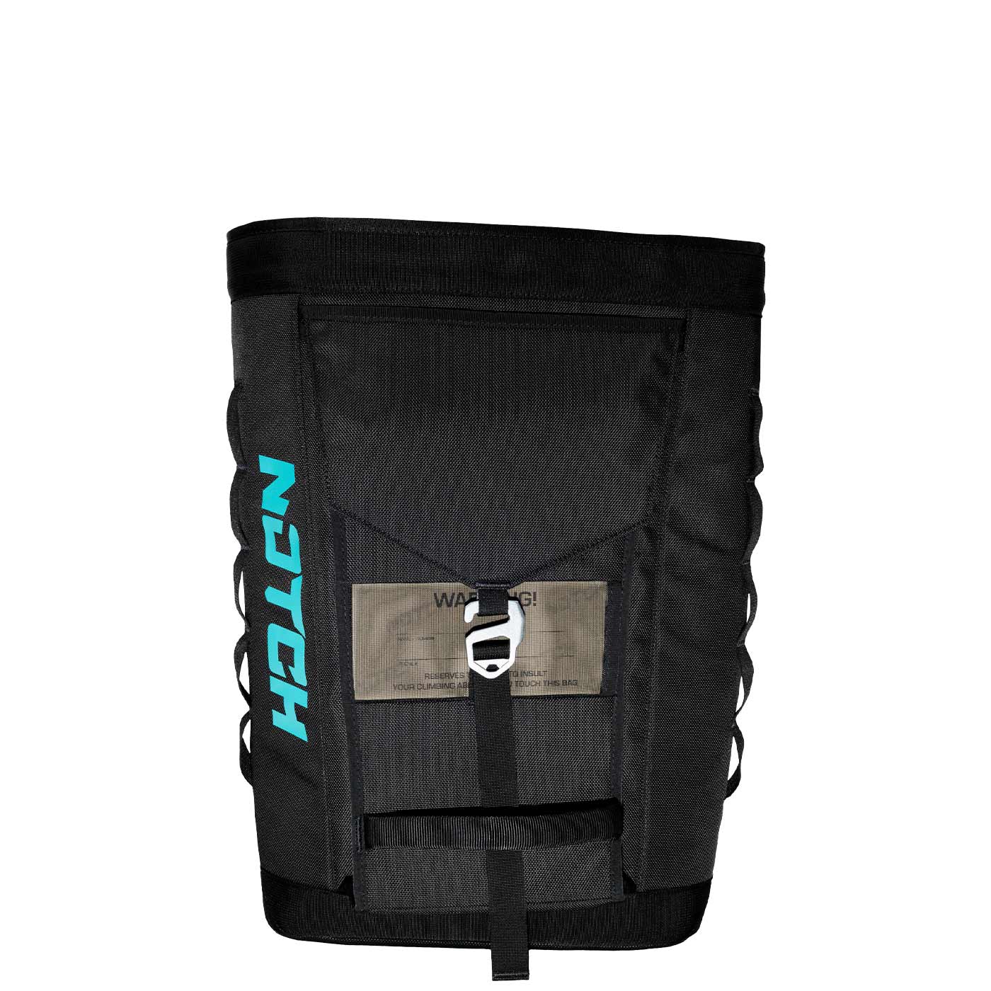 Sac d’approche noir avec logo NOTCH turquoise sur le côté, rabat avant avec boucle et avertissement transparent