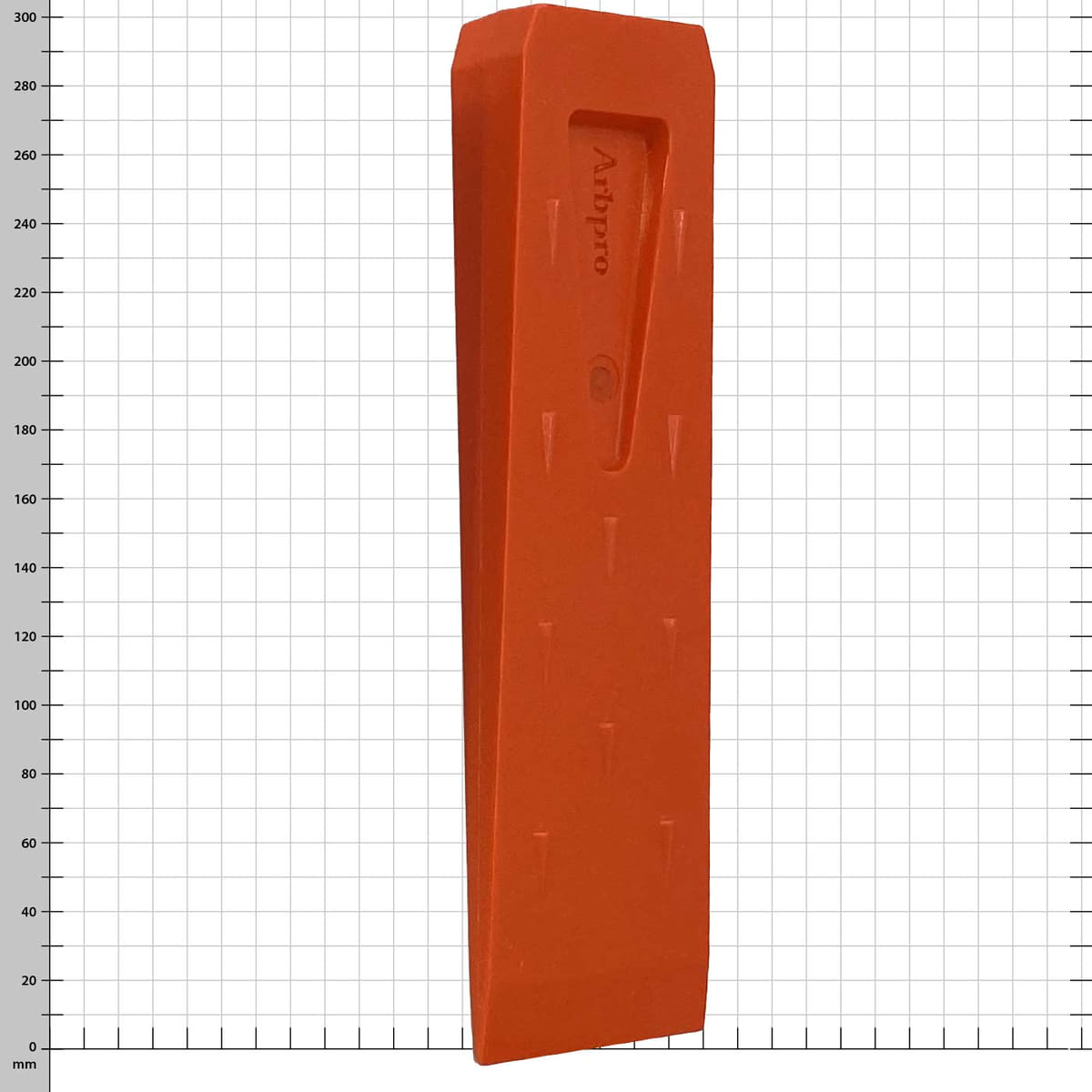 Cale d’abattage ArbPro 300 en orange, allongée et cunéiforme avec inscription « Arbpro » en relief