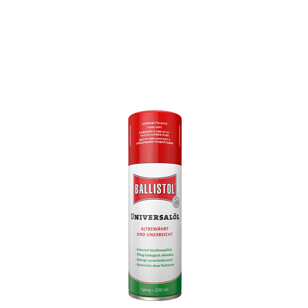 Bombe aérosol Ballistol Universal Oil 0.2 avec couvercle rouge, partie centrale blanche avec logo Ballistol rouge et fond vert, nom du fabricant Ballistol, description du produit en allemand et dans d’autres langues sur la boîte