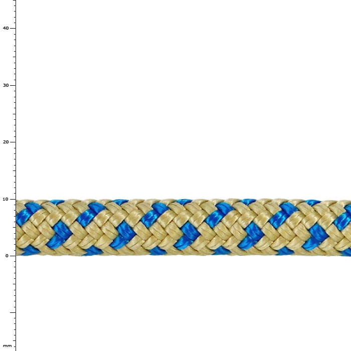 Élingue Bee-Line 10, gros plan d’une corde tressée beige et bleue avec motif et échelle de mesure en arrière-plan