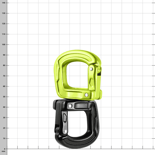 Deux mousquetons, vert en haut, noir en bas, ouvert, nom du produit Cupid Swivel visible
