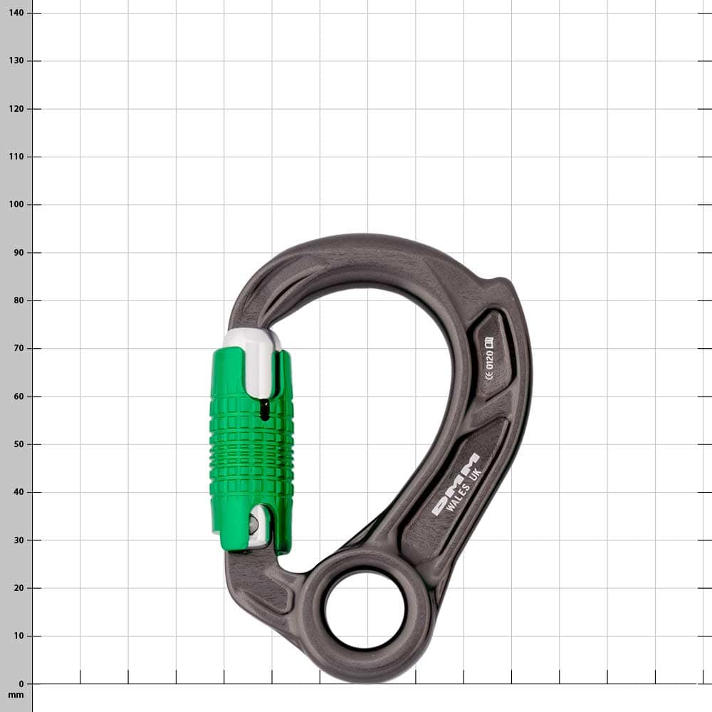 Director Captive Eye de DMM, mousqueton noir avec mécanisme de fermeture vert et œillet rond en bas