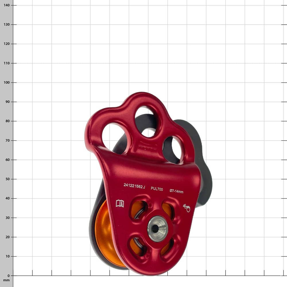 Poulie de corde d’attelage Climber 2 avec boîtier rouge et bobine orange sur fond blanc avec lignes de grille