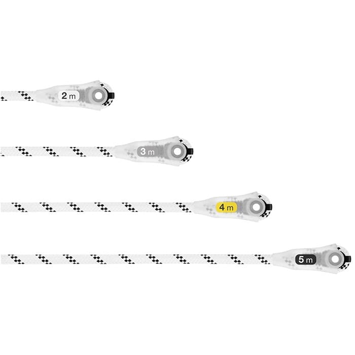 Grillon by Petzl, quatre sections de corde blanche de 2 m, 3 m, 4 m et 5 m de longueur sur éléments plastiques