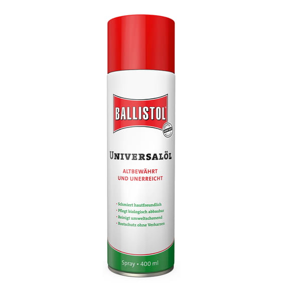 Ballistol Universalöl Spraydose mit rotem Deckel, weißem Körper und grünem unteren Bereich, auf der Vorderseite steht "Ballistol Universalöl", "Altbewährt und unerreicht", sowie weitere Eigenschaften in grünem und rotem Text, 400 ml Inhalt, Hersteller Bal