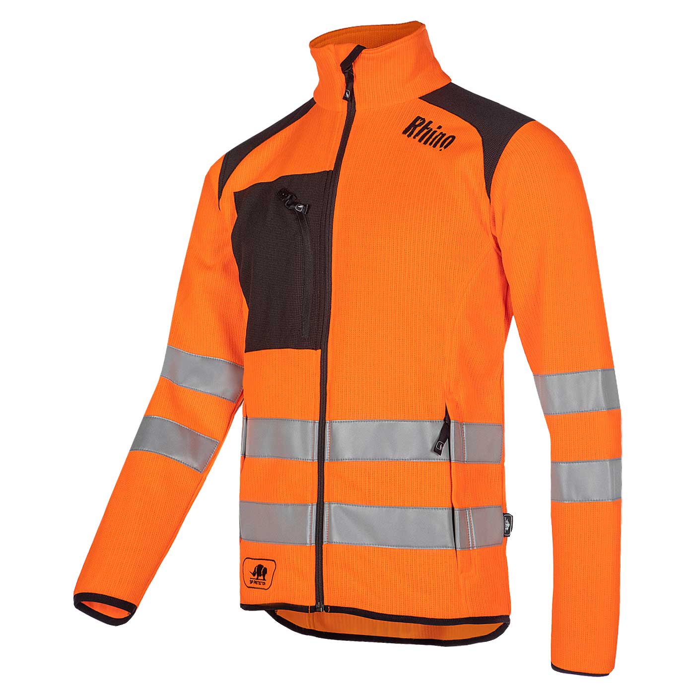 Blouson Tundra Flash en orange avec bandes réfléchissantes, poche poitrine noire avec fermeture éclair, fabricant Rhino, type invisible