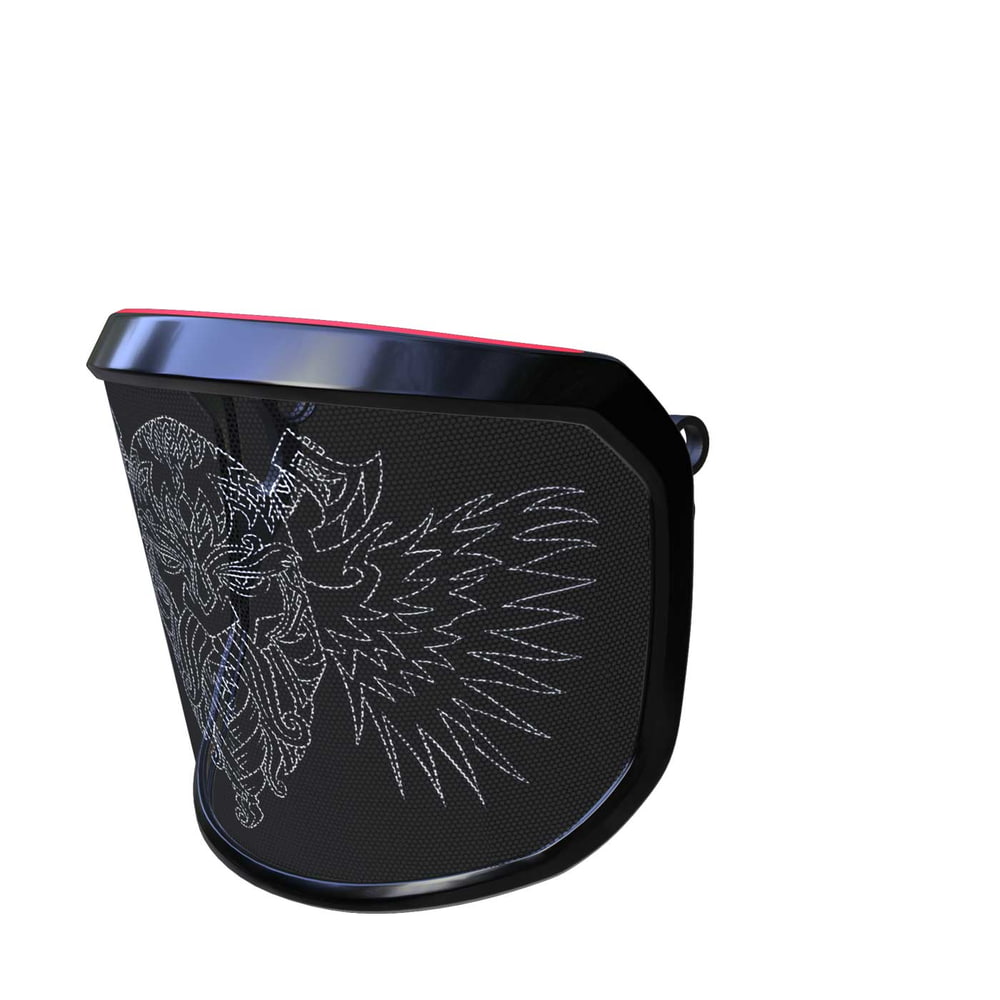 Vue latérale de la visière PROTOS® en édition spéciale avec cadre noir et visage viking blanc avec des ailes sur fond noir depuis la perspective opposée