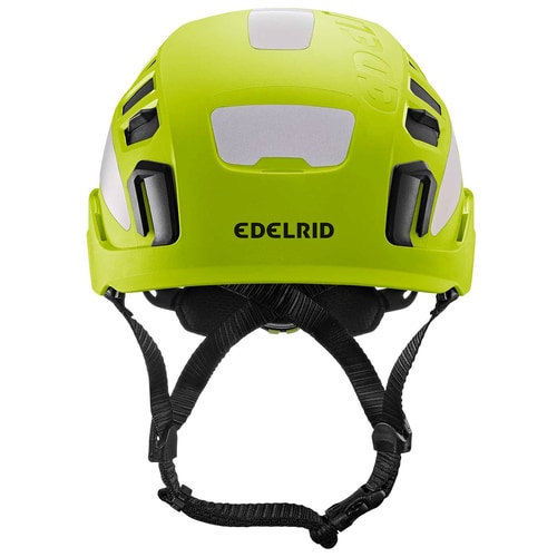 Casque d’escalade Tectum Air Hi-Viz d’Edelrid en jaune vif avec réflecteurs blancs et mentonnière noire, vue de face avec logo de la marque Edelrid visible