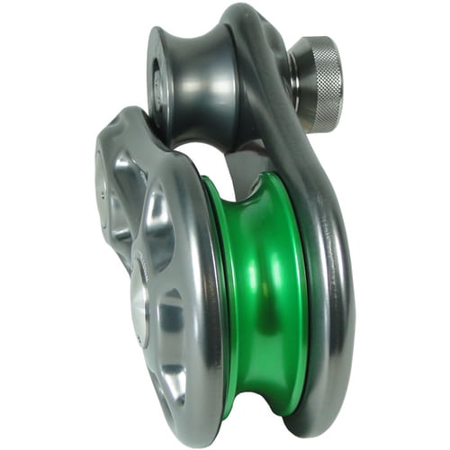 Impact Block S, métal gris avec roue de corde verte, vue latérale avec bouton en métal cannelé