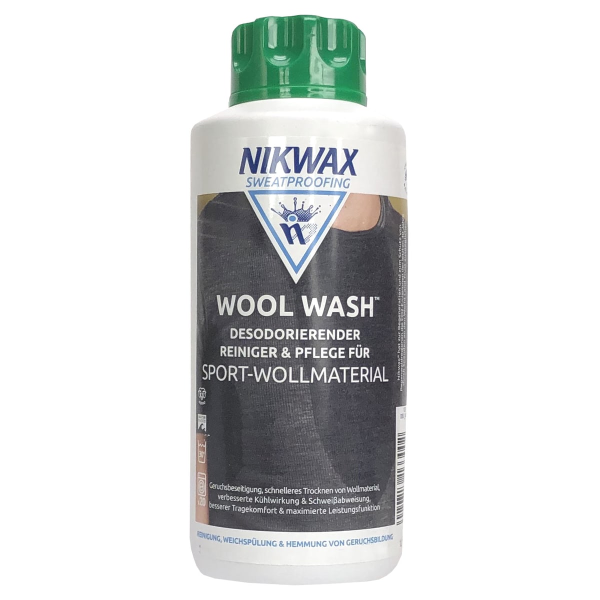 Bouteille de lavage en laine Nikwax avec couvercle vert et étiquette blanche, Nom du produit Wool Wash, fabricant Nikwax, type de nettoyant pour le matériel de laine de sport