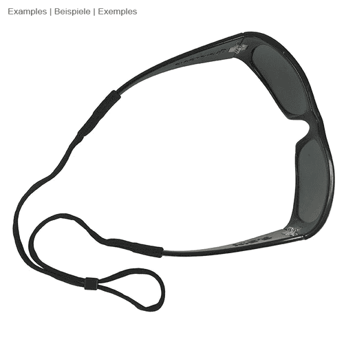 Lunettes de soleil noires avec sangle de lunettes, pas de spécifications du fabricant, vue de dessus avec sangle de lunettes visible