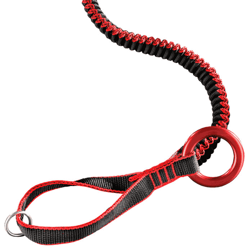 Gros plan sur la longe élastique et rouge antiSHOCK Tool de Teufelberger avec anneau métallique rouge et ruban noir