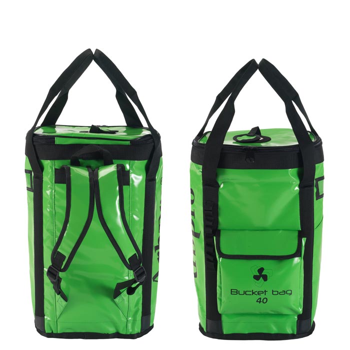 Vue arrière et avant du sac à dos seau vert 40 d’Airpro avec bretelles noires et poche avant