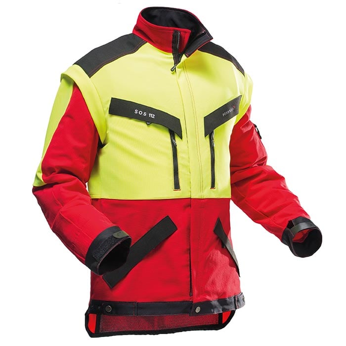 Veste forestière KlimaAIR® en jaune et rouge avec détails noirs et plusieurs poches zippées
