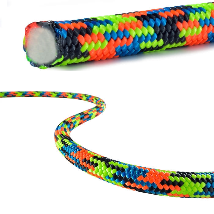Corde Xstatic avec motif coloré en bleu, vert, orange et noir, section transversale avec noyau blanc, fabricant non visible