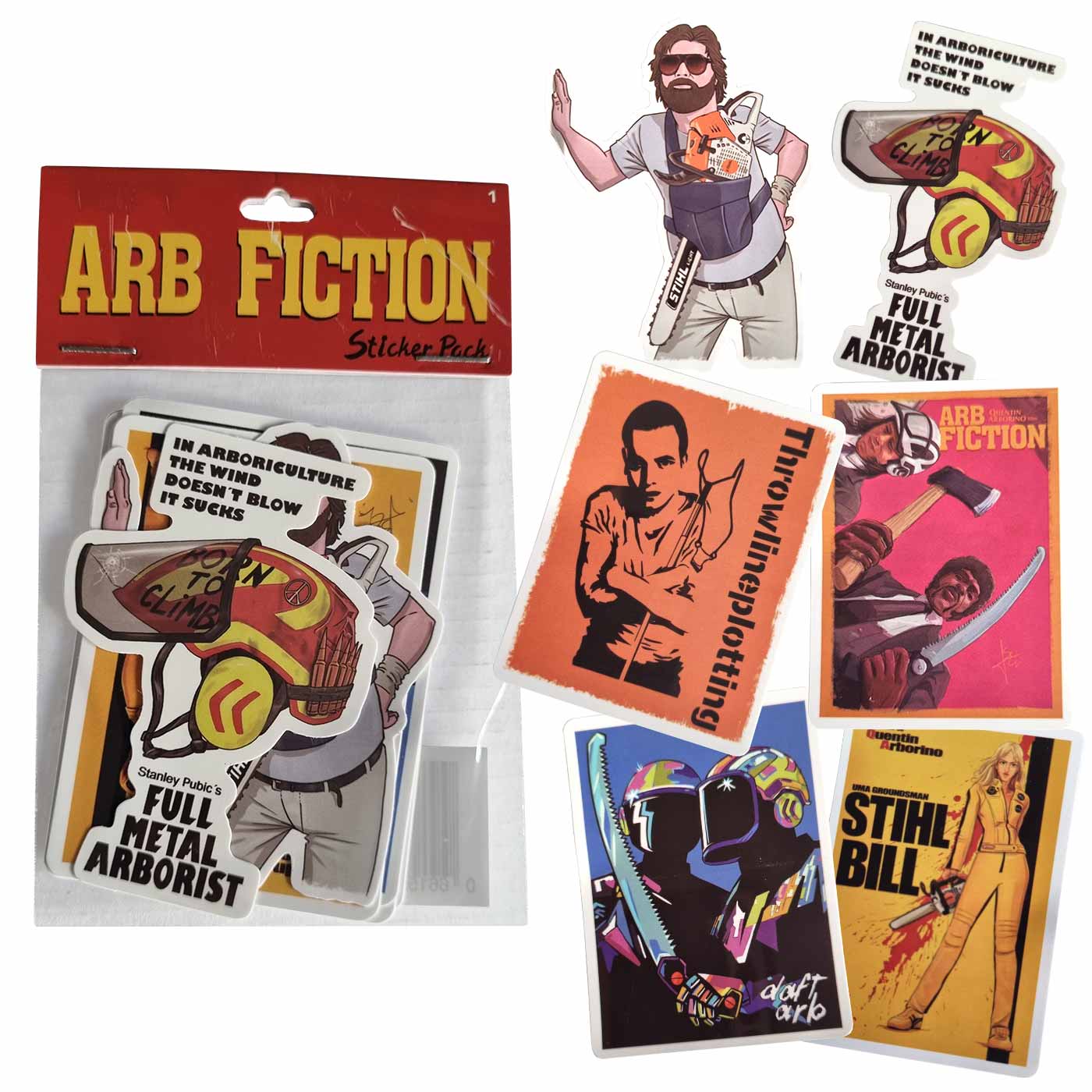 ARB Fiction Pack Vol. 1 Pack d’autocollants avec tête de lit rouge et plusieurs autocollants, dont un homme avec une tronçonneuse, un casque avec « FULL METAL ARBORIST » écrit dessus et une pancarte avec du texte