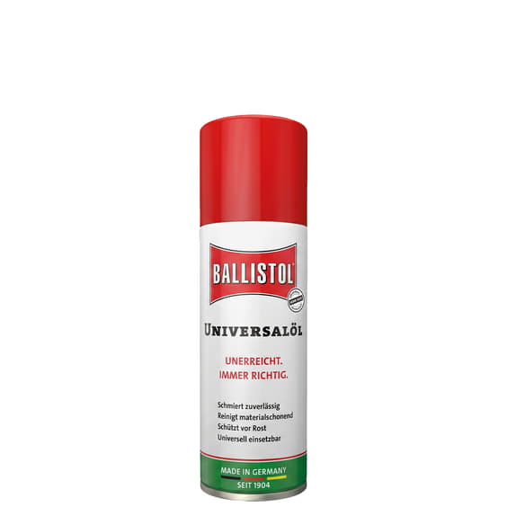 Ballistol Universalöl 0.2 Spraydose mit rotem Deckel, weißem Mittelteil mit rotem Ballistol-Logo und grünem unteren Bereich, Herstellername Ballistol, Produktbeschreibung in Deutsch und weiteren Sprachen auf der Dose