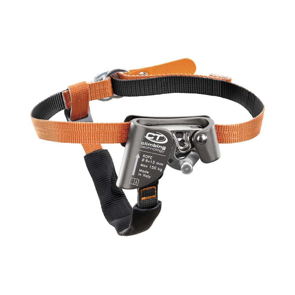 Bloqueur de pied Quick Step L avec bride orange-noir et mécanisme en métal gris de Climbing Technology