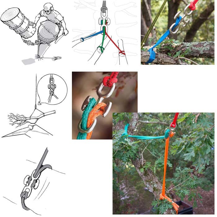 Backbone Mini, un collage de six images avec des exemples d’application, y compris des dessins et des photos de cordes et de nœuds dans les arbres, montre la pièce en métal argenté dans différents scénarios d’application